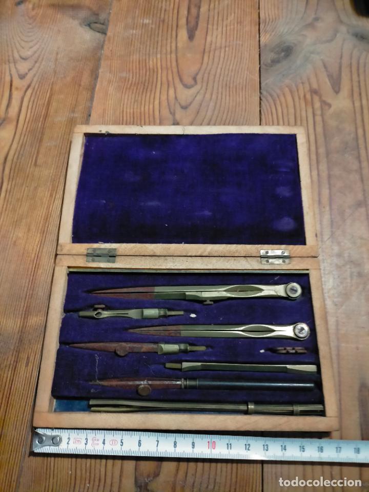 Escriban&iacute;a: Caja de madera con lote de compases comp&aacute;s t&eacute;cnico de metal antiguo complementos - Foto 3