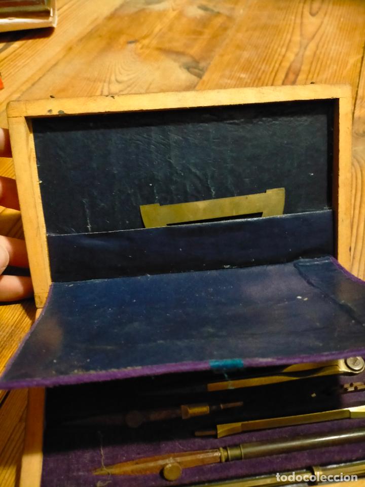 Escriban&iacute;a: Caja de madera con lote de compases comp&aacute;s t&eacute;cnico de metal antiguo complementos - Foto 4