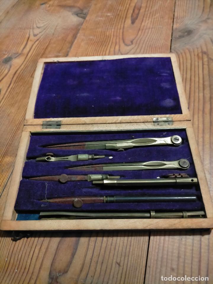 Escriban&iacute;a: Caja de madera con lote de compases comp&aacute;s t&eacute;cnico de metal antiguo complementos - Foto 5