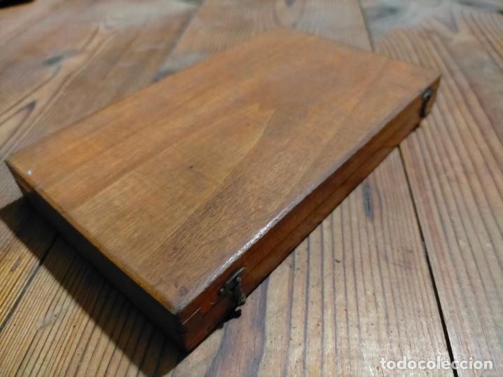 Escriban&iacute;a: Caja de madera con lote de compases comp&aacute;s t&eacute;cnico de metal antiguo complementos - Foto 9