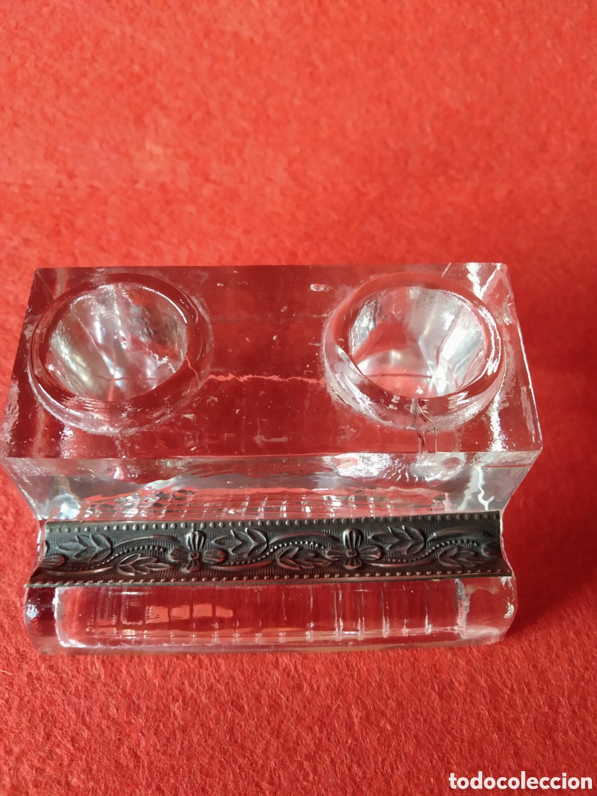 Escriban&iacute;a: ANTIGUO TINTERO DOBLE DE CRISTAL Y PLATA - Foto 2