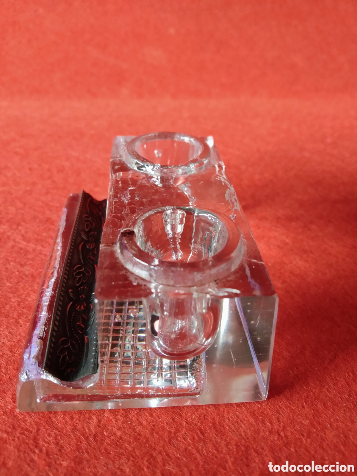 Escriban&iacute;a: ANTIGUO TINTERO DOBLE DE CRISTAL Y PLATA - Foto 5