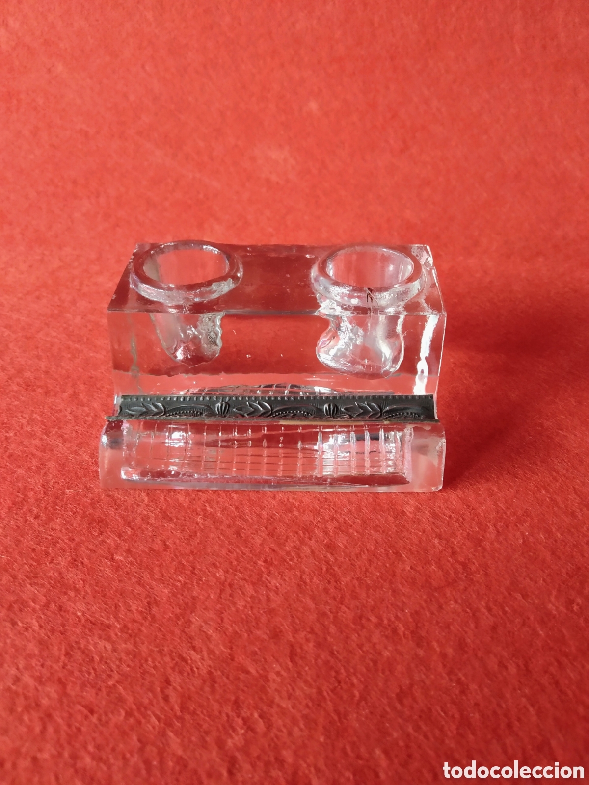 Escriban&iacute;a: ANTIGUO TINTERO DOBLE DE CRISTAL Y PLATA - Foto 1