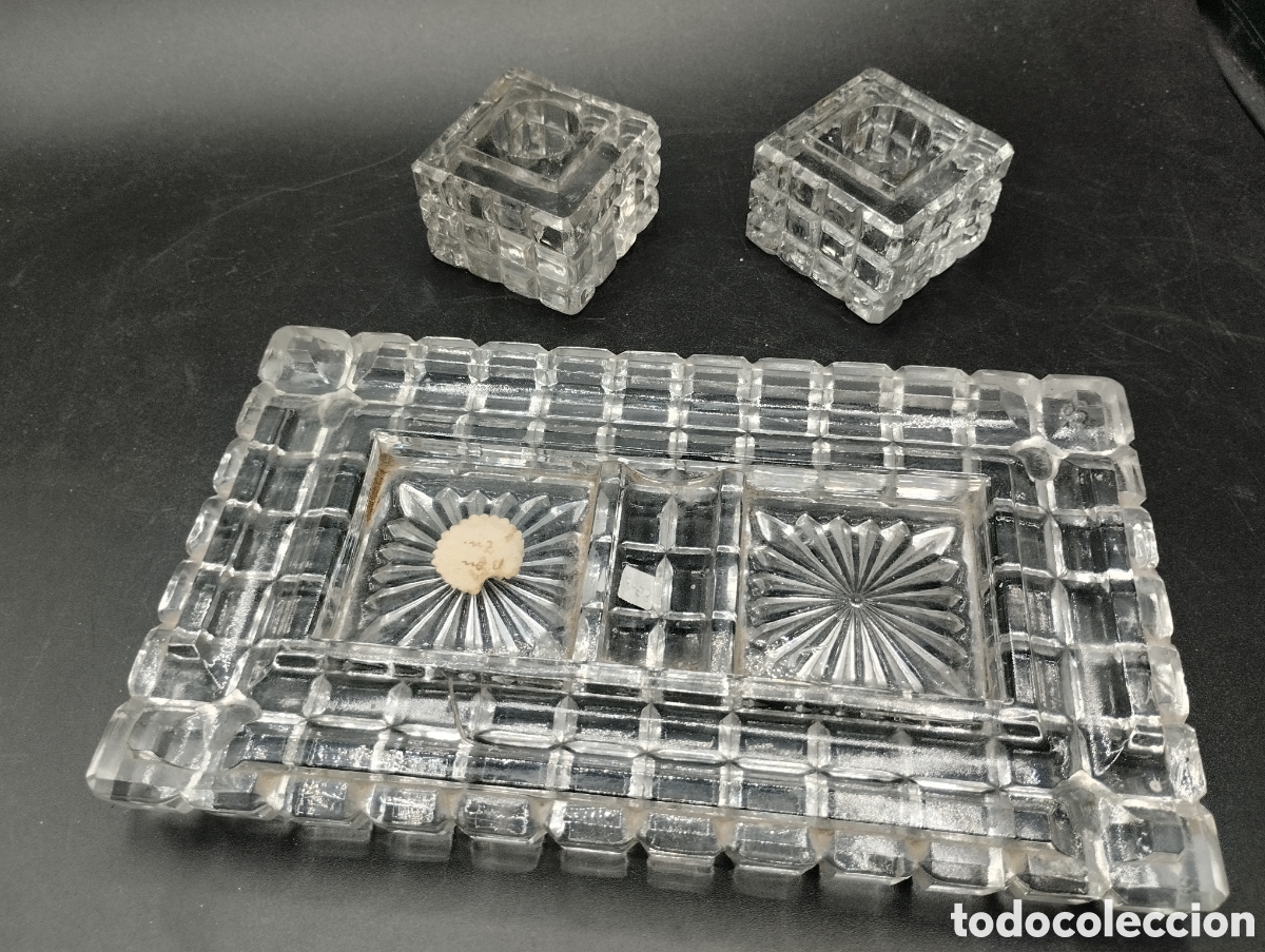 Escriban&iacute;a: Escriban&iacute;a de cristal de molde con dos tinteros. - Foto 3