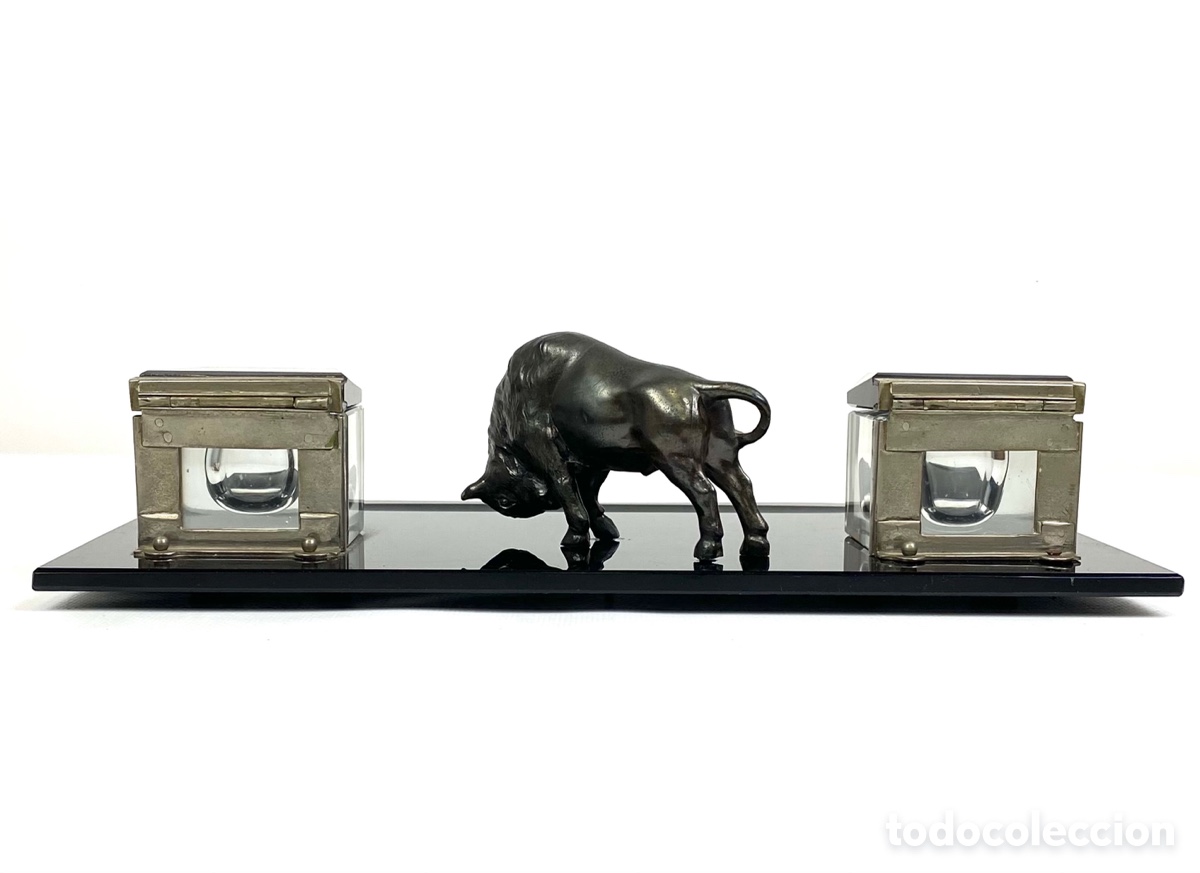 Escriban&iacute;a: ESCRIBANIA DE CRISTAL CON BISONTE. 34 X 18 CM - Foto 3
