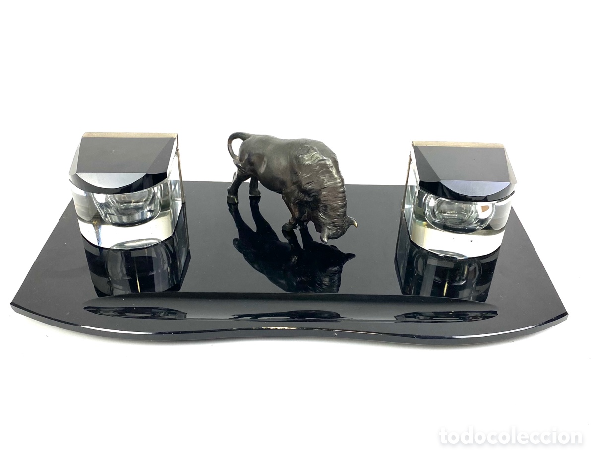 Escriban&iacute;a: ESCRIBANIA DE CRISTAL CON BISONTE. 34 X 18 CM - Foto 1