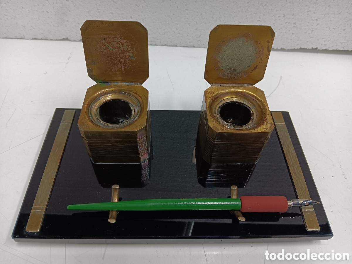 Escriban&iacute;a: Escribania de 2 tinteros met&aacute;licos. - Foto 1