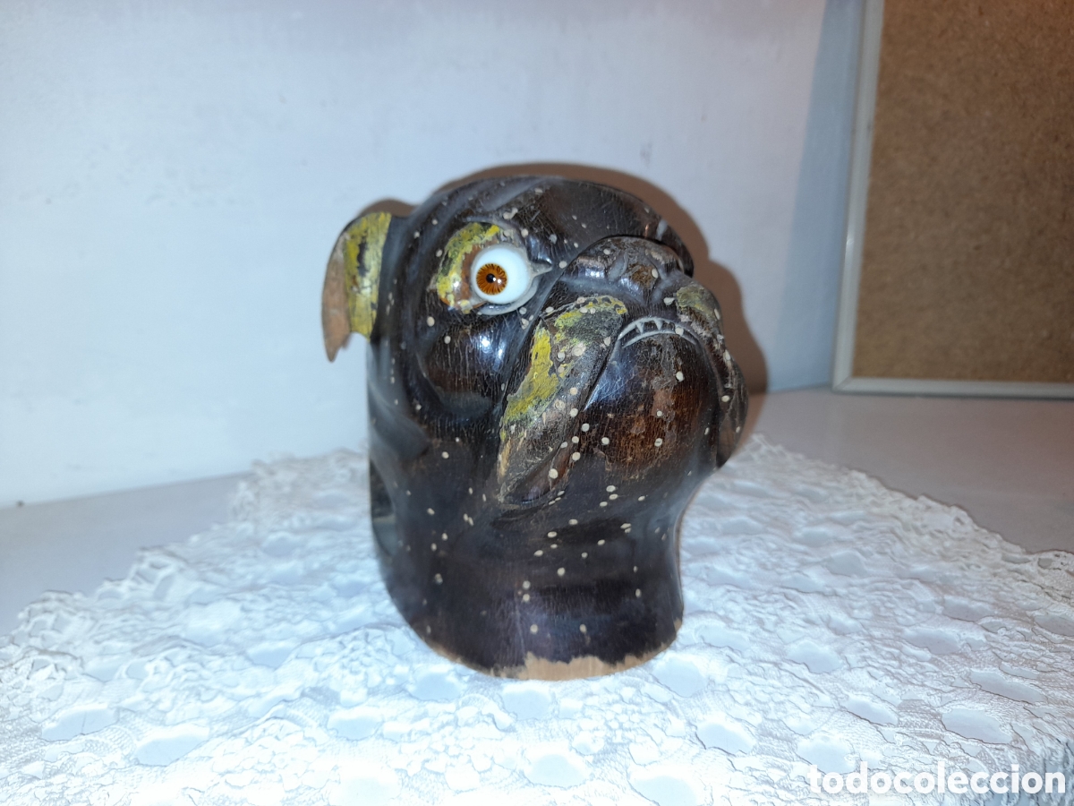 Escriban&iacute;a: Antigua cabeza bulldog tintero en madera. - Foto 2
