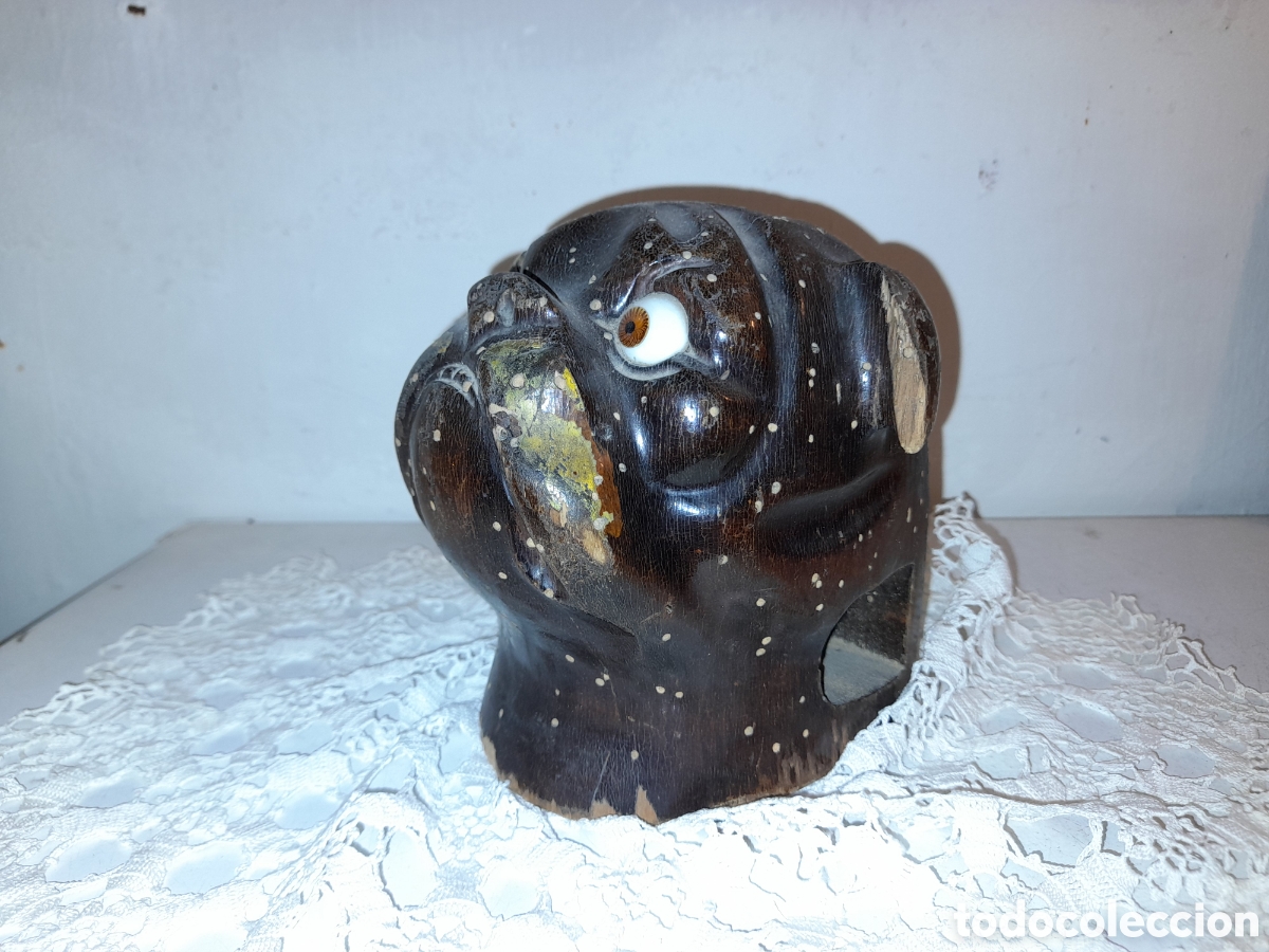 Escriban&iacute;a: Antigua cabeza bulldog tintero en madera. - Foto 3