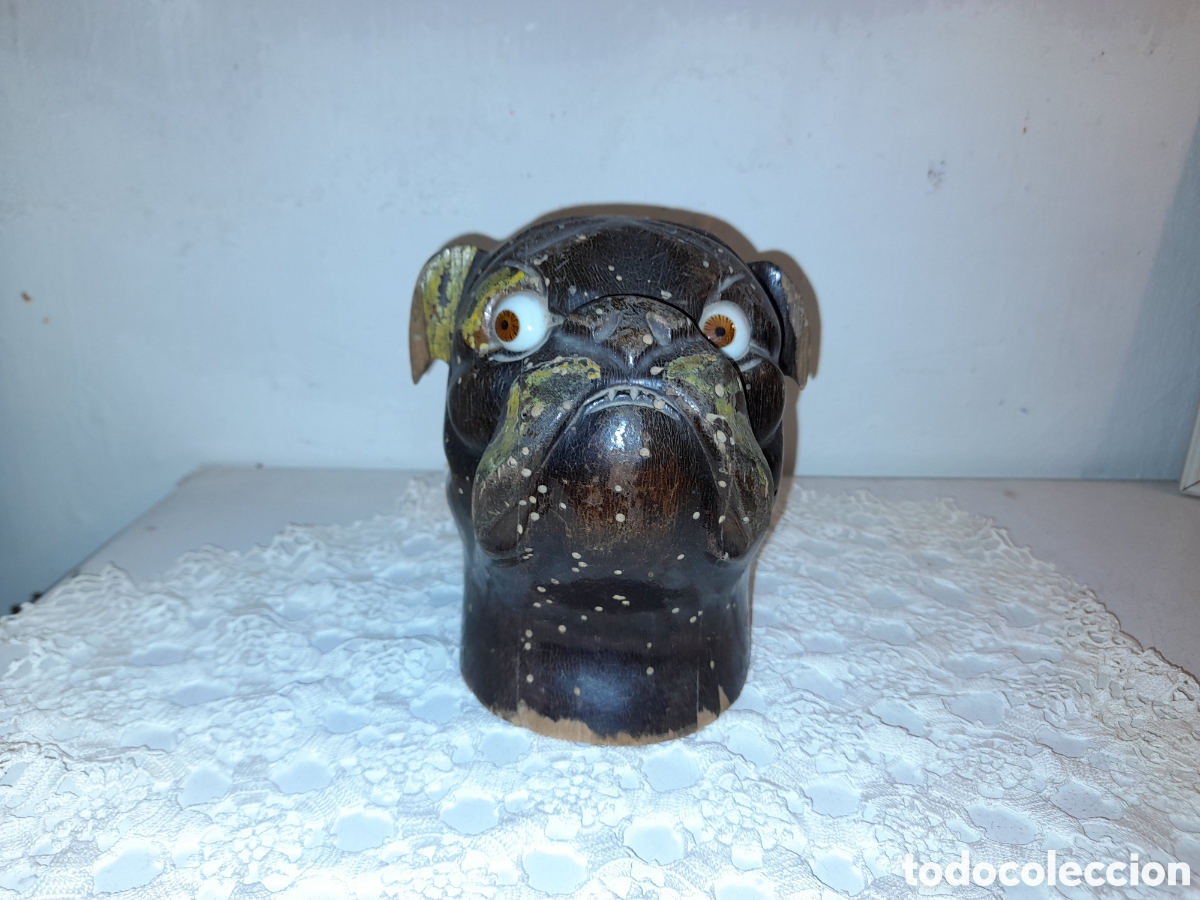 Escriban&iacute;a: Antigua cabeza bulldog tintero en madera. - Foto 1