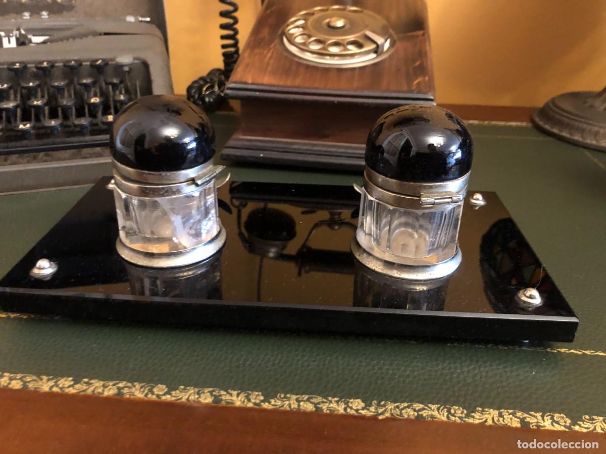 Escriban&iacute;a: ANTIGUO TINTERO DOBLE SOBRE BASE DE PIEDRA - Foto 4