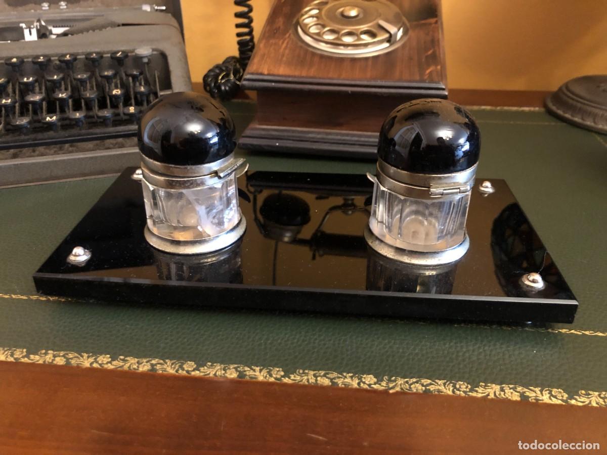 Escriban&iacute;a: ANTIGUO TINTERO DOBLE SOBRE BASE DE PIEDRA - Foto 5