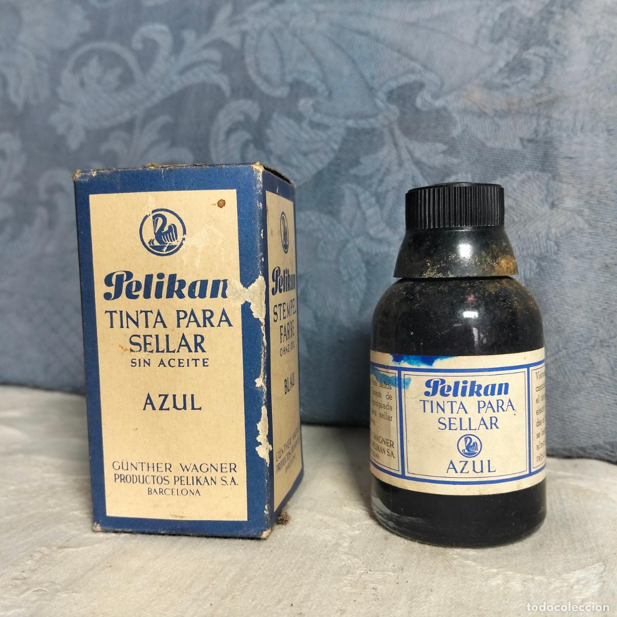 Escriban&iacute;a: Bote de tinta china de color azul marca Pelikan tinta para sellar Gunther Wagner Barcelona a&ntilde;os 60