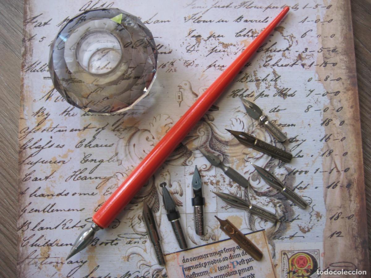 Escriban&iacute;a: 10 PLUMILLAS TINTERO VIDRIO PORTAPLUMAS MADERA