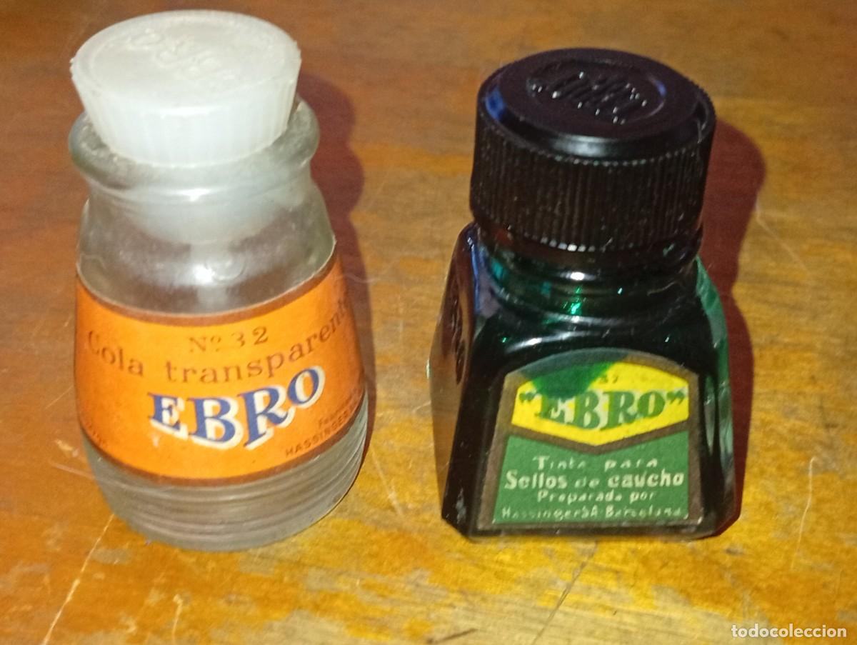 Escriban&iacute;a: CURIOSO LOTE BOTE TINTA EBRO Y COLA TRANSPARENTE VERDE TAMP&Oacute;N SELLOS ESCRITORIO