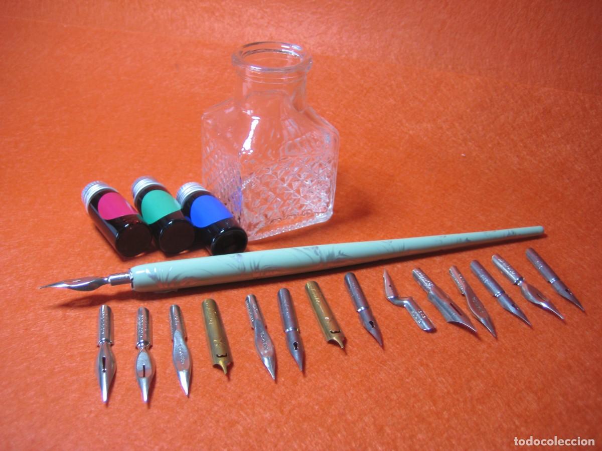 Escriban&iacute;a: LOTE ESCRITURA. PORTAPLUMAS 15 PLUMILLAS. TINTERO VIDRIO. 3 FRASCOS TINTA