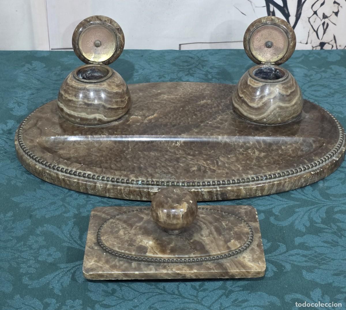 Escriban&iacute;a: Tintero doble antiguo de m&aacute;rmol marr&oacute;n - Foto 4
