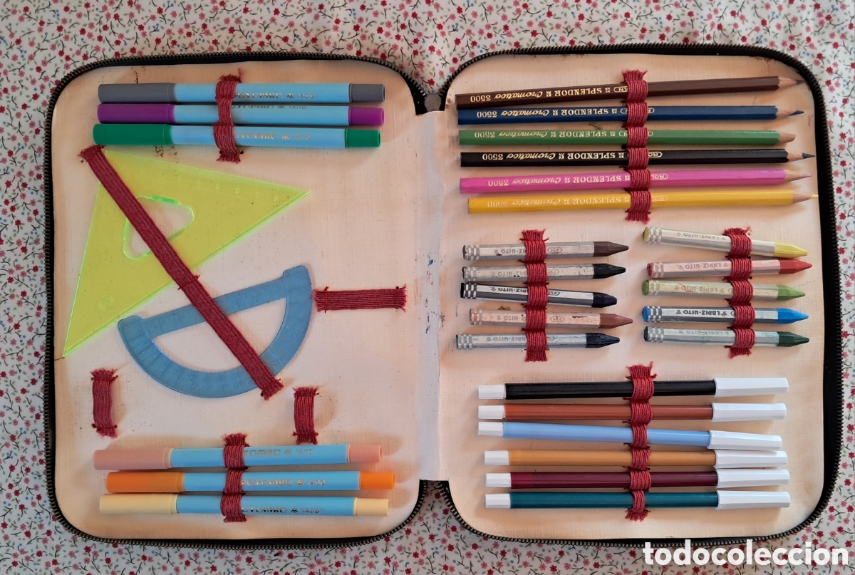 Schreibwaren: Estuche escolar cremallera. Con ceras Lapiz Hito, rotuladores Potombo, lapices Splendor... A&ntilde;os 70