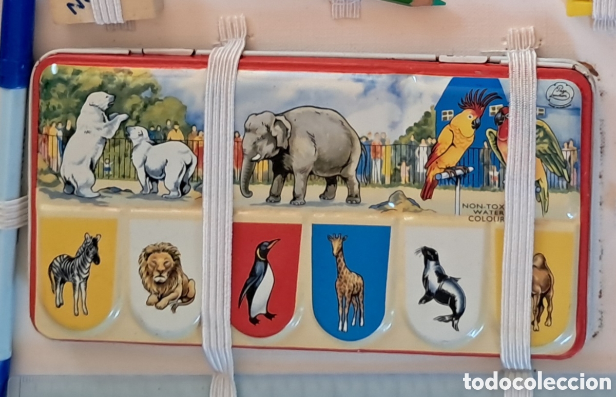 Schreibwaren: Estuche escolar con bonita lata de acuarelas serigrafiada a&ntilde;os 70