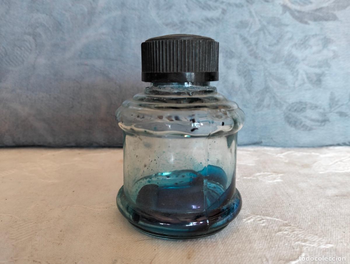 Outils d'&Eacute;criture: Frasco tintero bote peque&ntilde;o antiguo de cristal con tap&oacute;n marr&oacute;n de tinta a&ntilde;os 50-60