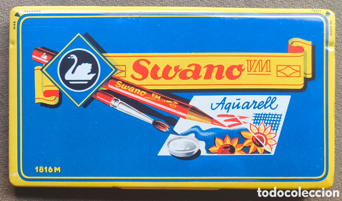 Escriban&iacute;a: SWAN CAJA LATA LITOGRAFIADA L&Aacute;PICES DE COLOR ACUARELAS GERMANY C. 1955