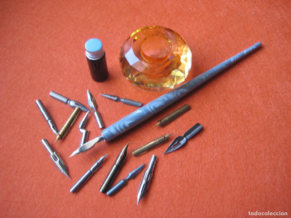 Escriban&iacute;a: CONJUNTO 15 PLUMILLAS TINTERO VIDRIO PORTAPLUMAS TINTA