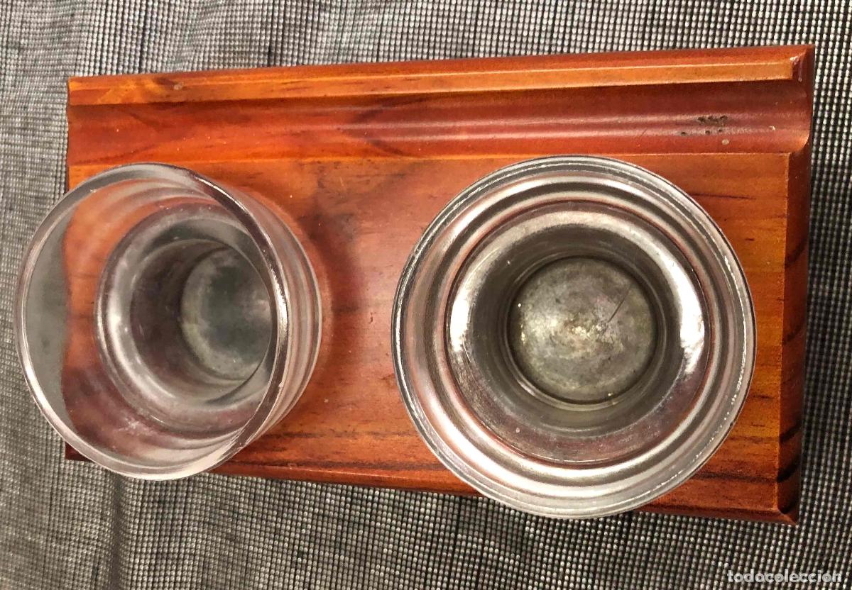 Escriban&iacute;a: DOBLE TINTERO EN CRISTAL MACIZO SOBRE PEANA DE MADERA - Foto 2