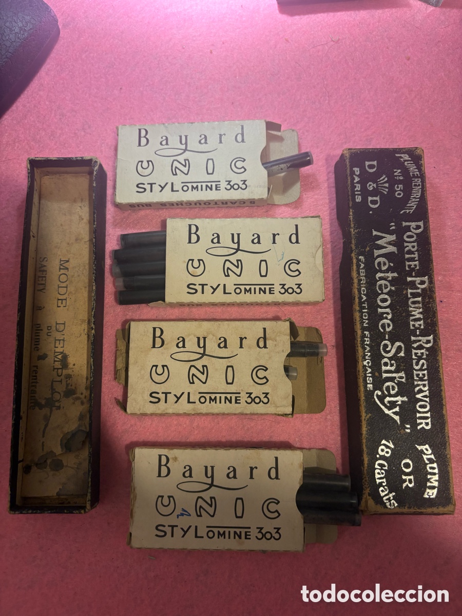Escriban&iacute;a: Antigua caja porta plumas y cajas cartuchos plumas Bayard, Francia (A2)