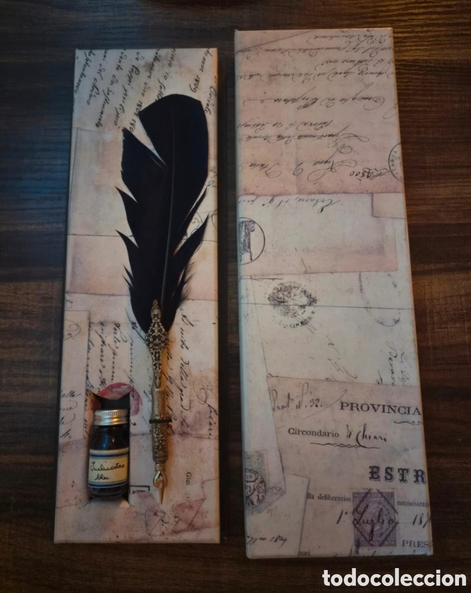 Escriban&iacute;a: Set de escritura y caligraf&iacute;a estilo vintage: pluma labrada en bronce, tintero de tinta azul