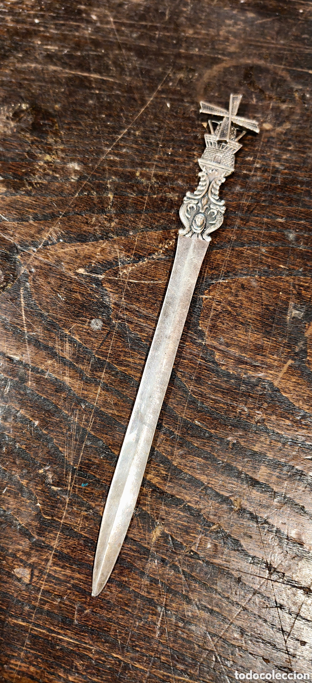Escriban&iacute;a: Abrecartas Vintage Holand&eacute;s Ba&ntilde;o de Plata DD 90 - Remate Molino de Viento - 21.5 cm