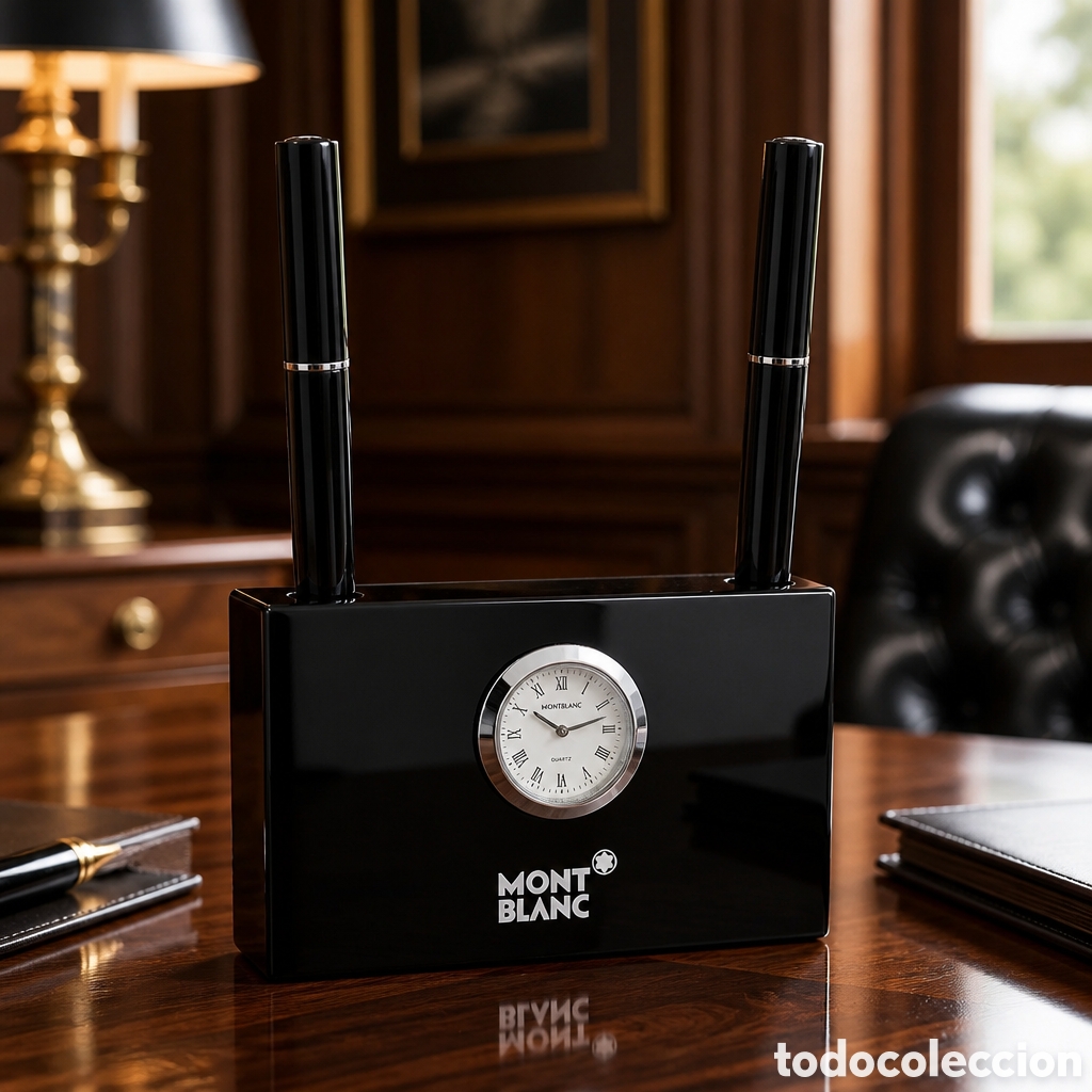 Escriban&iacute;a: MONTBLANC . SET DE SOBREMESA 2 BOLIGRAFOS Y SOPORTE DE CRISTAL CON RELOJ . MONT BLANC