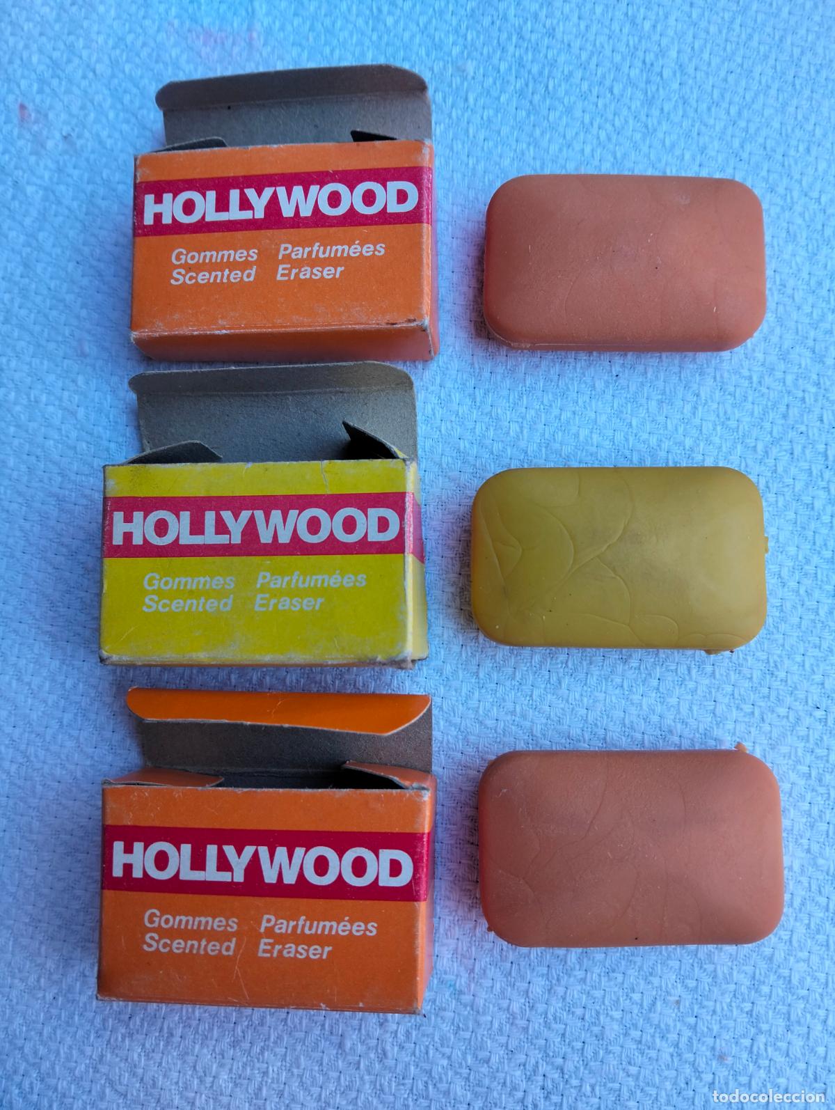 Escriban&iacute;a: Lote 3 gomas de borrar antiguas marca hollywood color naranja amarillo papel cajitas miniatura