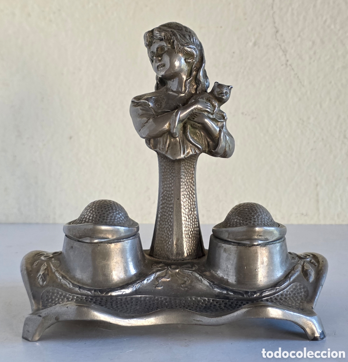 Escriban&iacute;a: Antiguo Tintero Modernista Chica con Gato - Decoraci&oacute;n R&uacute;stica Art Nouveau Despacho Sobremesa
