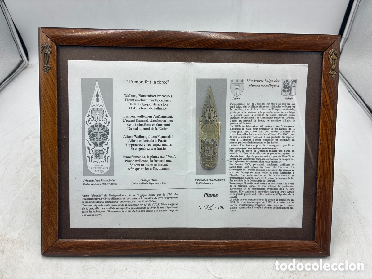 Escriban&iacute;a: Plum&iacute;n enmarcado conmemorativo independencia de B&eacute;lgica.