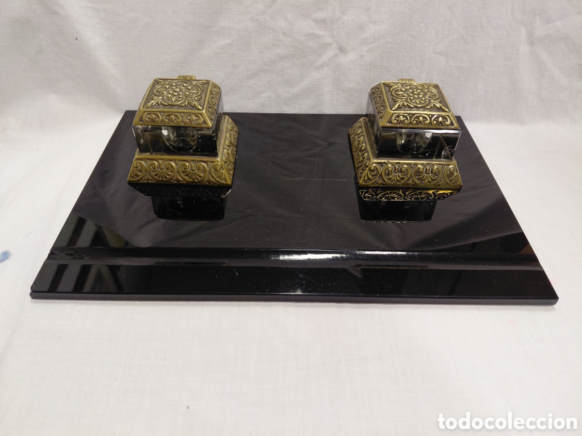 Escriban&iacute;a: ANTIGUA ESCRIBANIA DE CRISTAL NEGRO CON LOS TIENTEROS DE BROCE Y CRISTAL.LEER Y VER FOTOS
