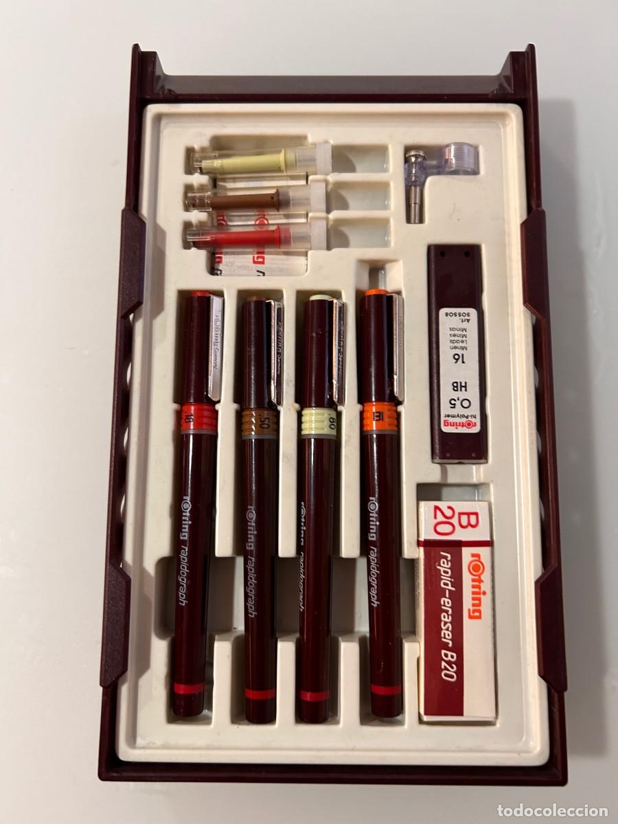 Canetas de tinta permanente antigas, esferogr&aacute;ficas e plumas: Estuche Rotring Rapidograph completo
