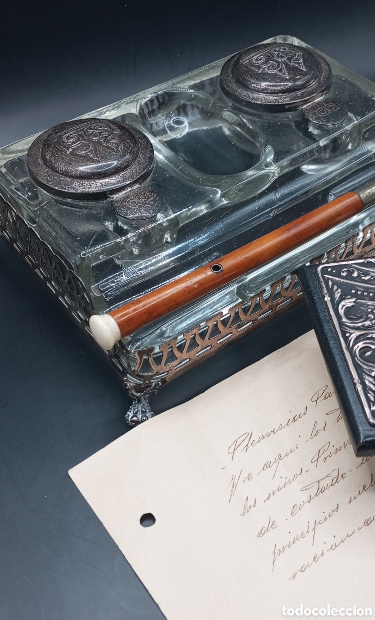 Estilogr&aacute;ficas antiguas, bol&iacute;grafos y plumas: CONJUNTO TINTERO Y SECADOR PLATA INGLESA 925 .