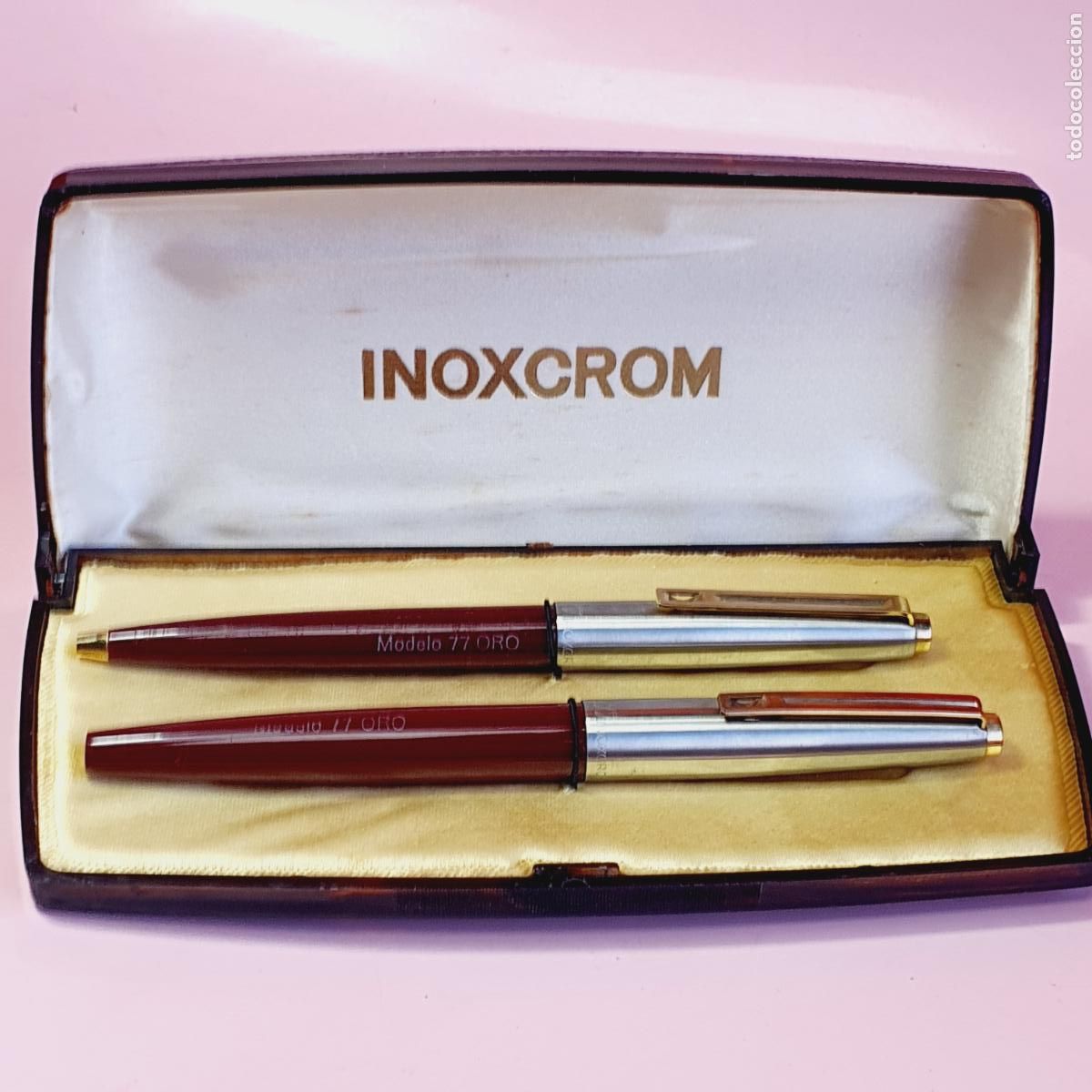 Estilogr&aacute;ficas antiguas, bol&iacute;grafos y plumas: 9105*JUEGO-INOXCROM 77 ORO-PLUM&Iacute;N 88 ORO-DESCATALOGAD-BURDEOS+ACERO+050-IMPOLUTO-VER FOROGRAF&Iacute;AS.-