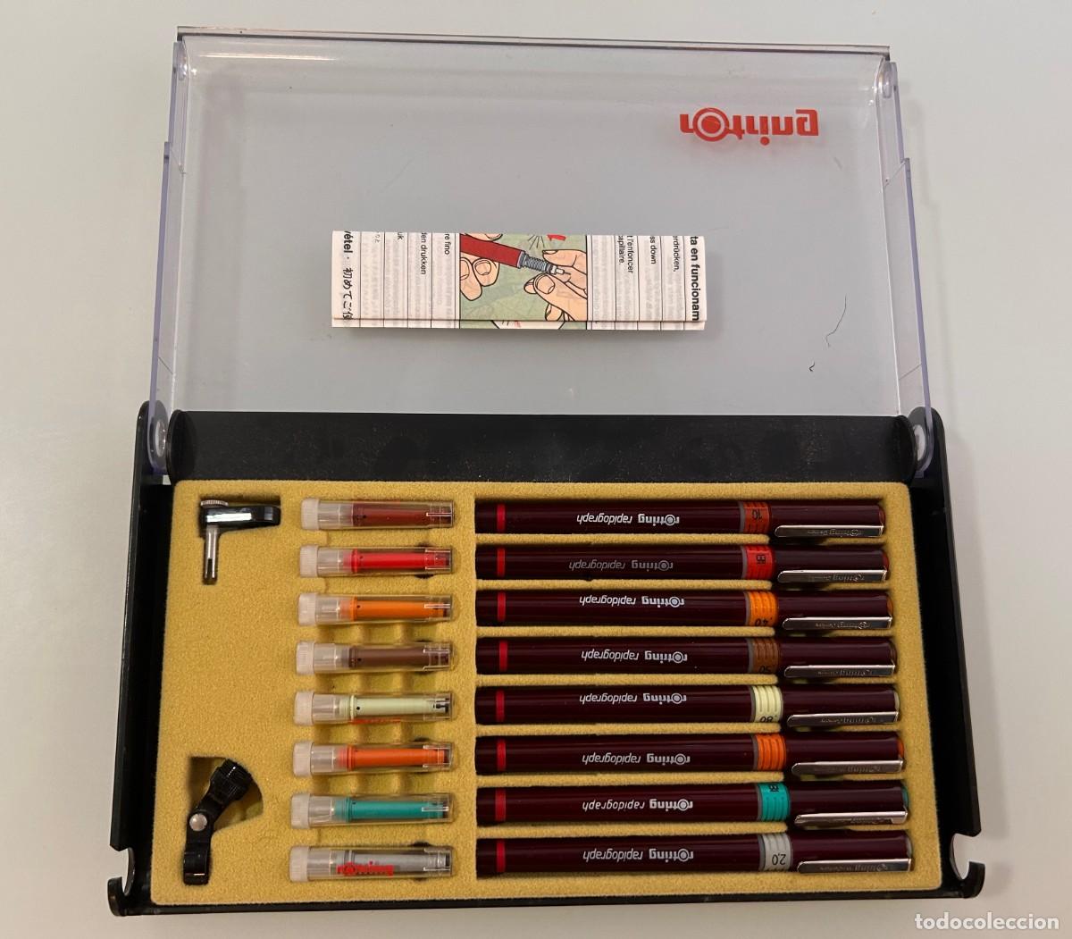 Estilogr&aacute;ficas antiguas, bol&iacute;grafos y plumas: Estuche de 8 Rotring Rapidgraph completo