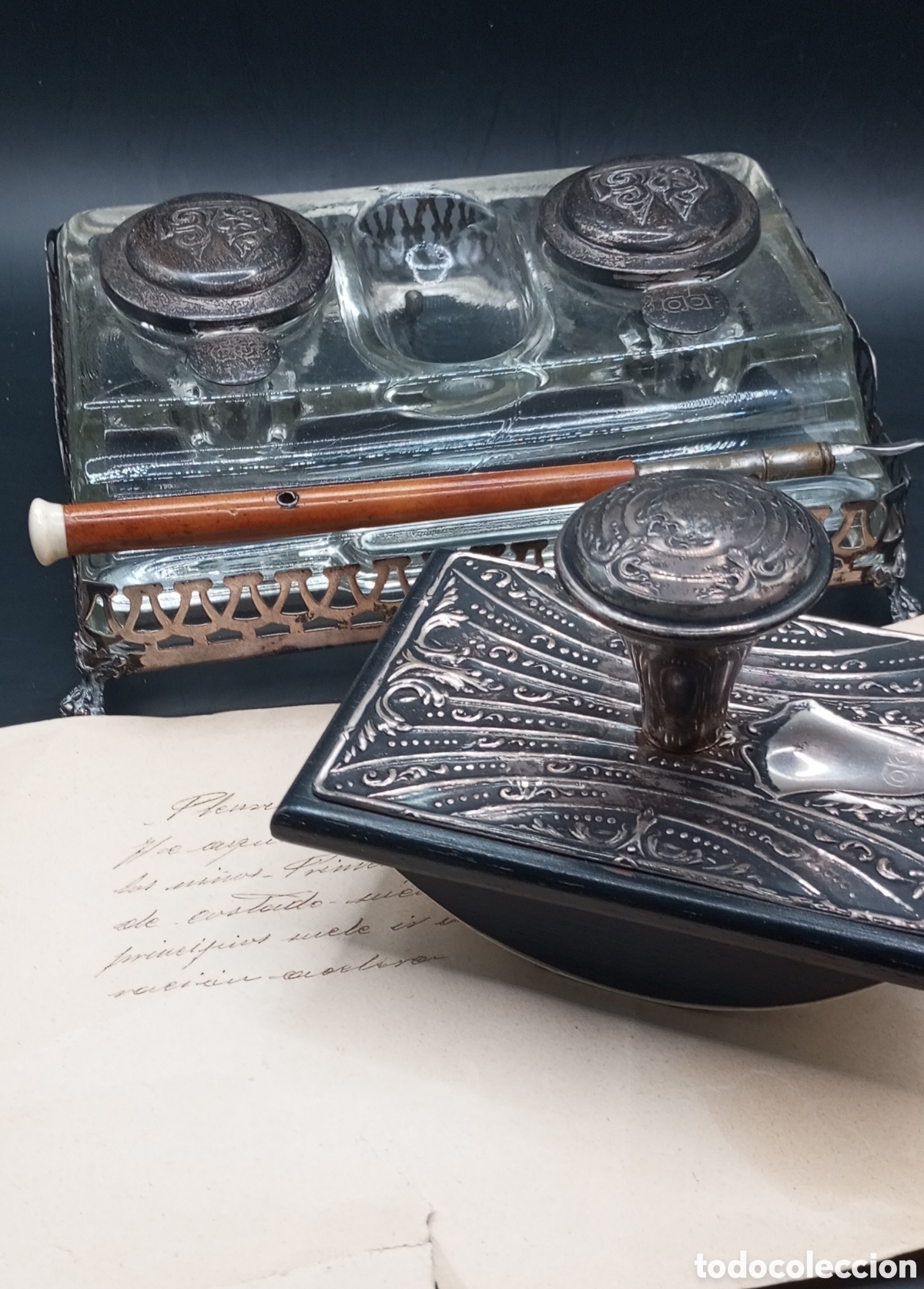 Estilogr&aacute;ficas antiguas, bol&iacute;grafos y plumas: CONJUNTO TINTERO Y SECADOR PLATA INGLESA 925 . TINTERO DE CRISTAL DOBLE .
