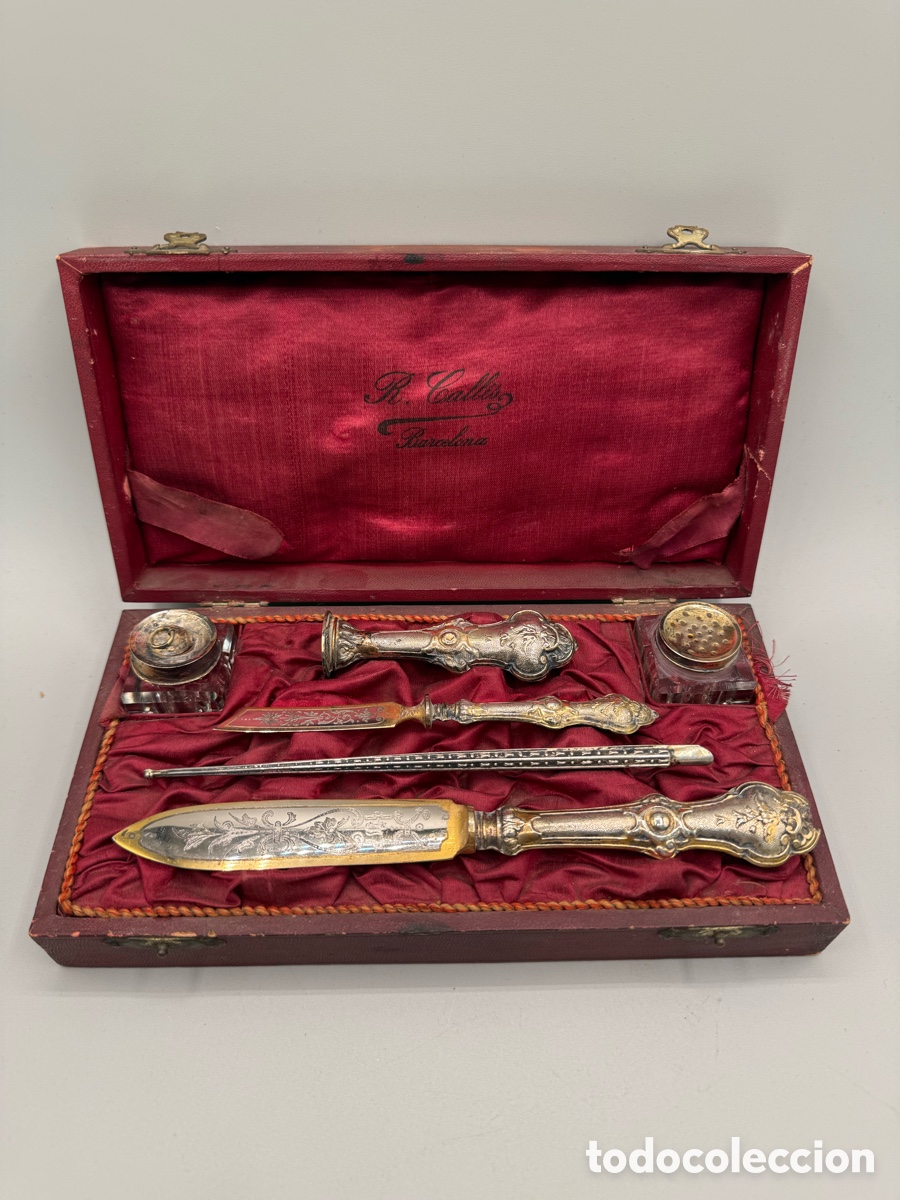 Alte F&uuml;llfederhalter, Kugelschreiber und Federn: Caja de escritorio del siglo XIX con todas sus piezas y en su estuche original.