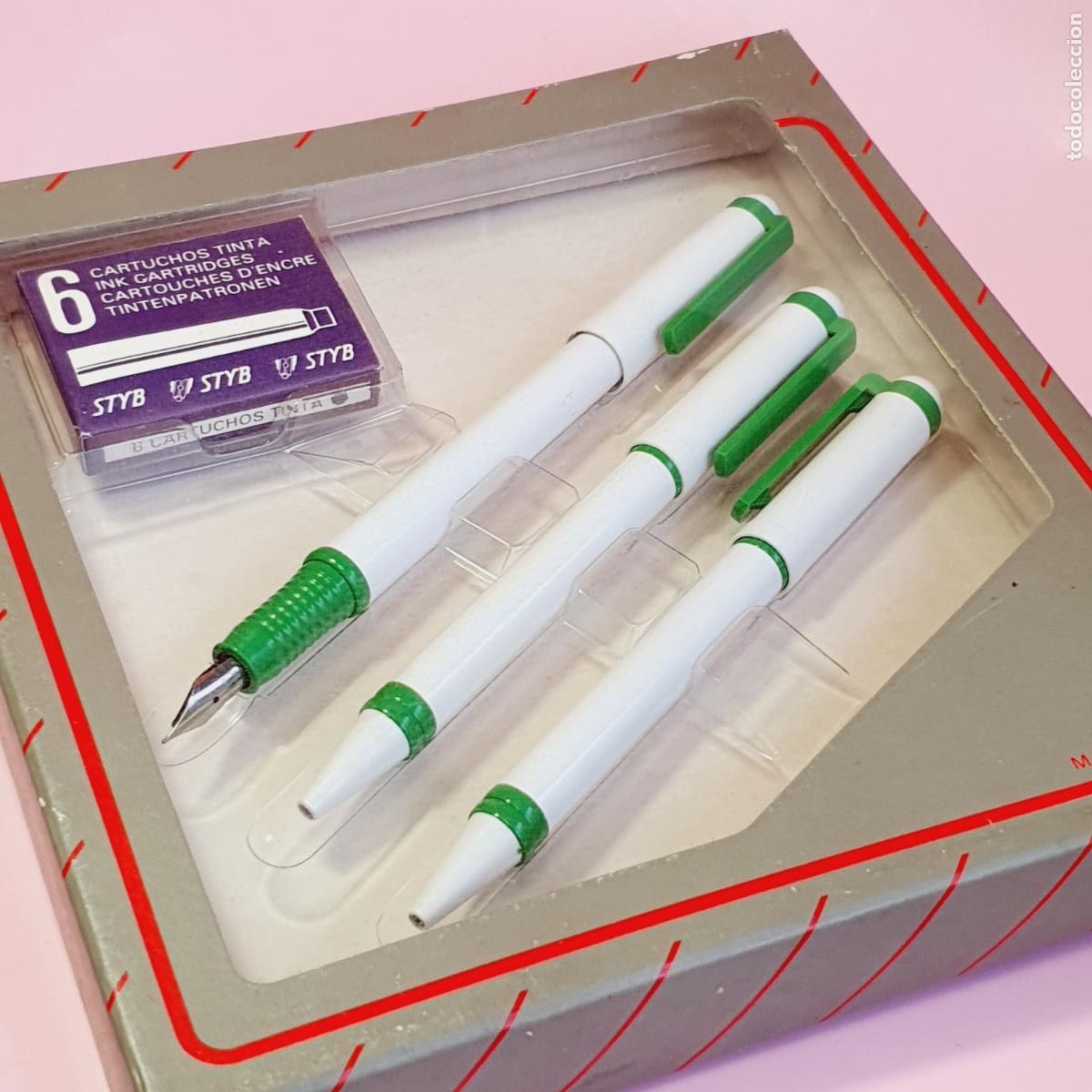 Estilogr&aacute;ficas antiguas, bol&iacute;grafos y plumas: JUEGO-STYB-ESPA&Ntilde;A-PLUMA+BOL&Iacute;GRAFO+PORTAMINAS-BLANCO VERDE-N.O.S.-VER FOTOGRAF&Iacute;AS.
