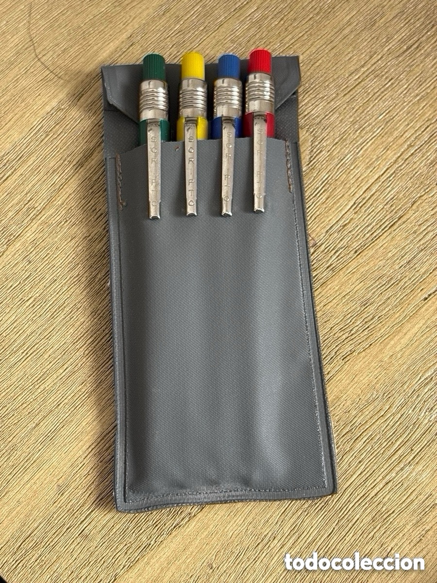 Alte F&uuml;llfederhalter, Kugelschreiber und Federn: Raro set Scripto, USA, 4 l&aacute;pices de colores + estuche (A2)