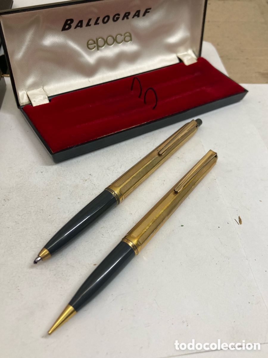 Estilogr&aacute;ficas antiguas, bol&iacute;grafos y plumas: Juego Ballograf portaminas y bol&iacute;grafo cuerpo dorado y celuloide gris