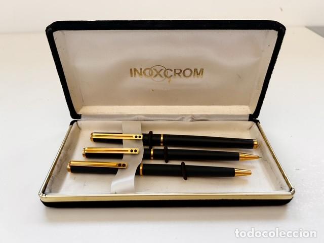 Estilogr&aacute;ficas antiguas, bol&iacute;grafos y plumas: Juego escritura INOXCROM Espa&ntilde;a a&ntilde;os. Estilogr&aacute;fica, bol&iacute;grafo y portaminas con estuche original