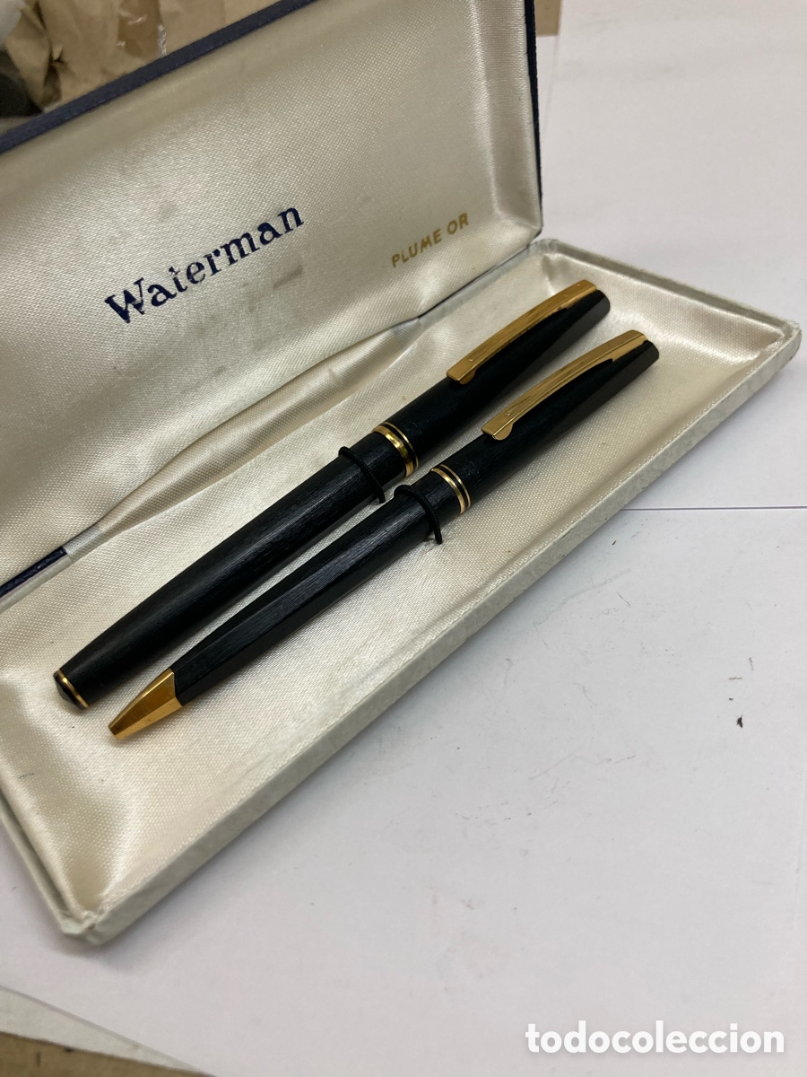 Alte F&uuml;llfederhalter, Kugelschreiber und Federn: Juego Waterman pluma y bol&iacute;grafo cuerpo celuloide negro plumin de 18kt /PLUMA28