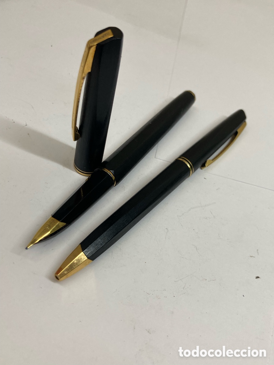 Estilogr&aacute;ficas antiguas, bol&iacute;grafos y plumas: Juego Waterman pluma y bol&iacute;grafo cuerpo celuloide negro plumin de 18kt