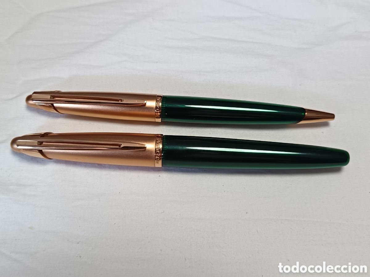 Estilogr&aacute;ficas antiguas, bol&iacute;grafos y plumas: WATERMAN EDSON, PLUMA ESTILOGRAFICA PLUMIN ORO 18K Y BOLIGRAFO, VERDE Y DORADO