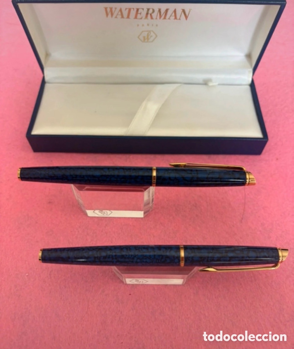 Estilogr&aacute;ficas antiguas, bol&iacute;grafos y plumas: Conjunto marmolado azul Waterman Hemisphere, pluma estilogr&aacute;fica y bol&iacute;grafo