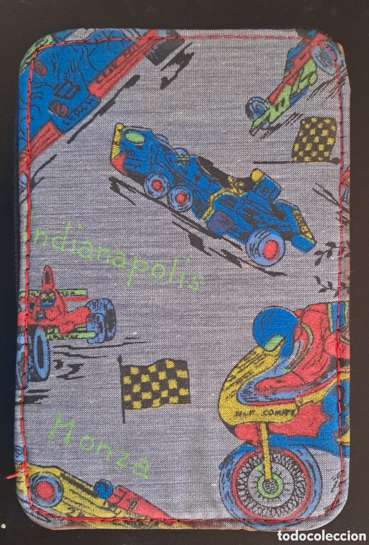 Estilogr&aacute;ficas antiguas, bol&iacute;grafos y plumas: Estuche escolar en tela a&ntilde;os 80, decorado con moto y bolidos de carreras